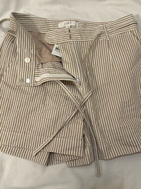 LOFT Beige and White Striped Tie-Waist Shorts